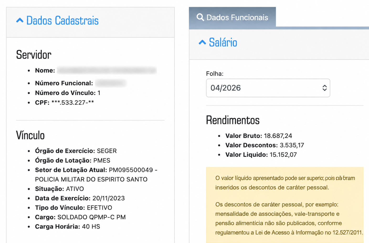 Contracheque real de um Soldado da PMES, folha de abril/2026, com bruto de R$ 18.687,24, descontos de R$ 3.535,17 e líquido de R$ 15.152,07. Dados do Portal da Transparência do Espírito Santo.