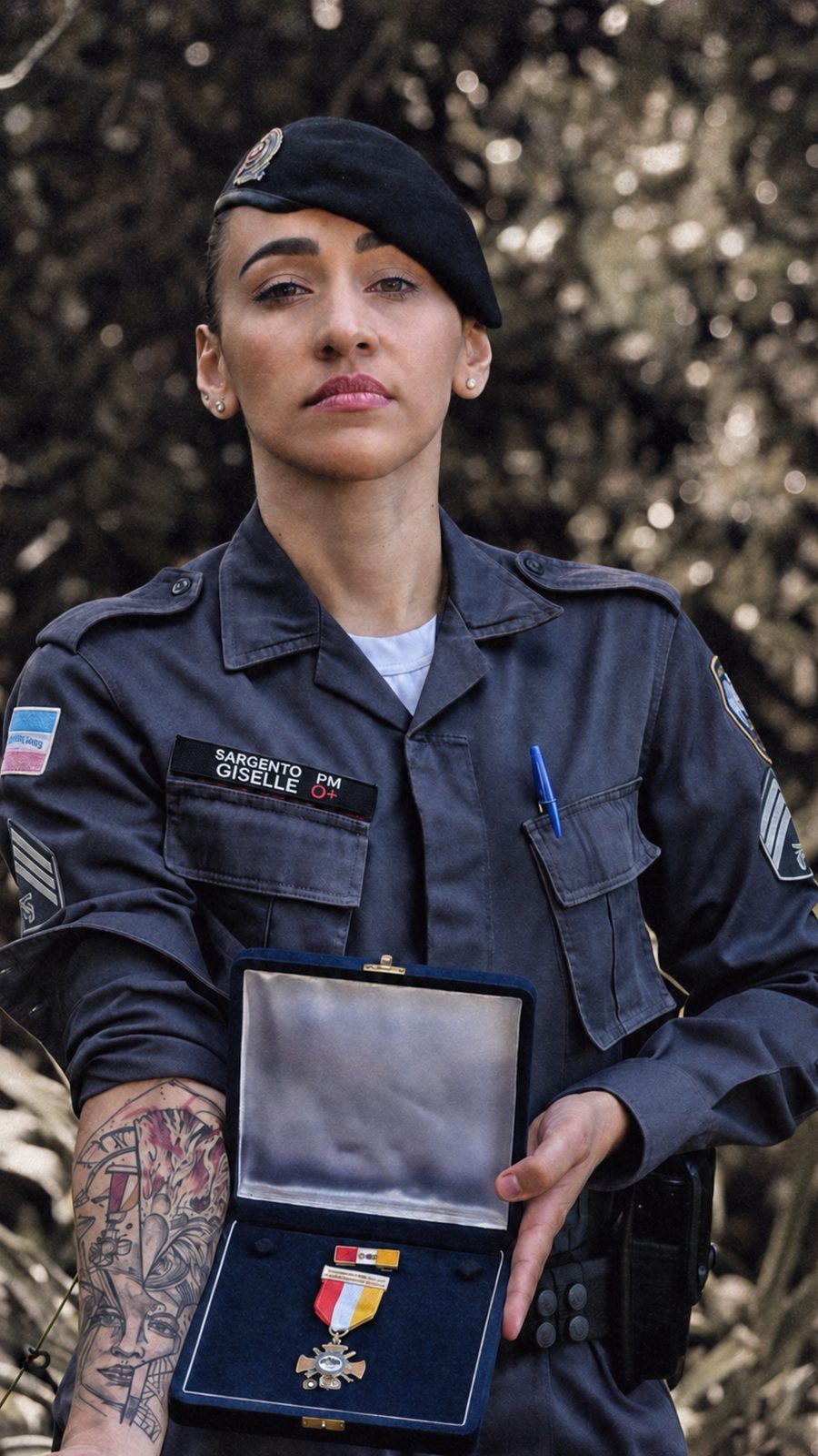 Sargento Giselle Maretto, de boina, com o estojo da medalha de primeira colocada no CHS nas mãos.
