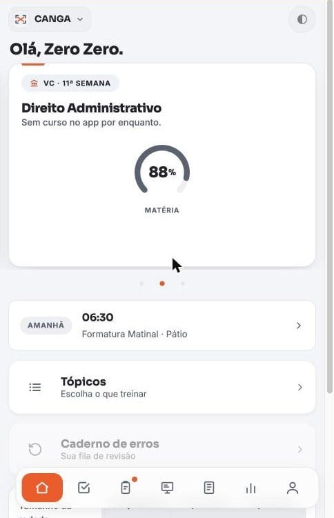 Tela real do app: início, com a próxima VC e a formatura de amanhã